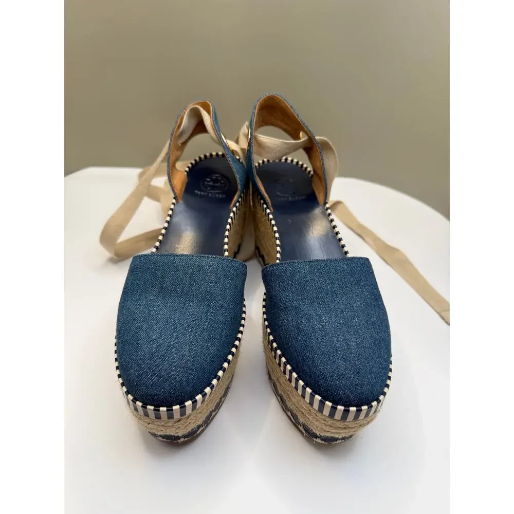 TORY BURCH DANDY Espadrille Platform SZ 6.5M Blue Jean Ankle Wrap Sandals - Picture 9 of 13